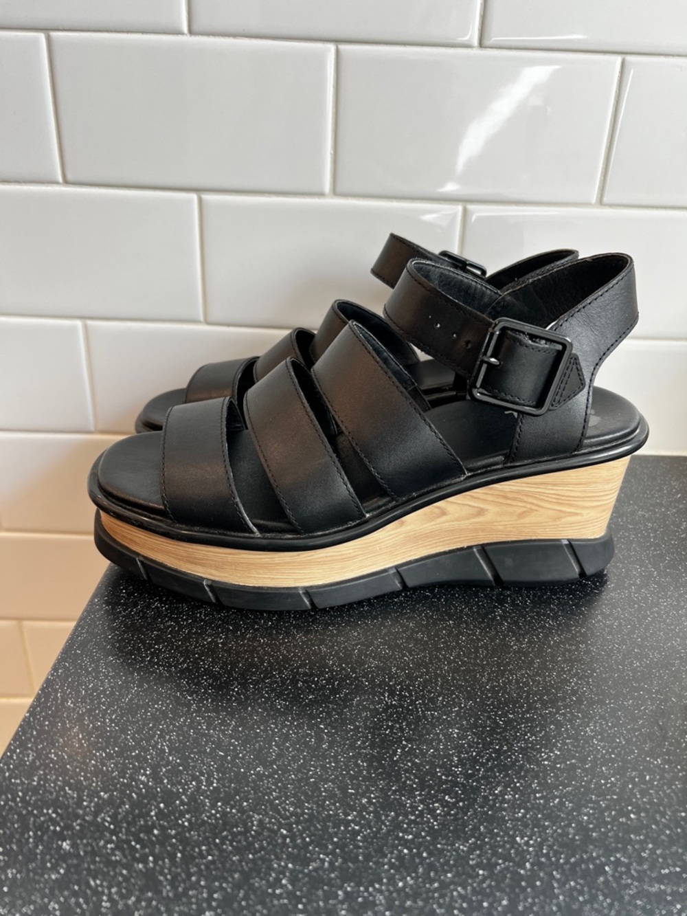 Sorel Black Strappy Wedge Sandals - Picture 3 of 9